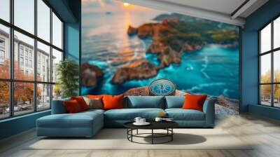 Beautiful tropical coastal scenery with crystal clear blue water, rocks and clear sky at sunset. , antique map and compass Wall mural