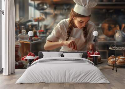 Female chef prepares delicious desserts In the bakery kitchen Wall mural