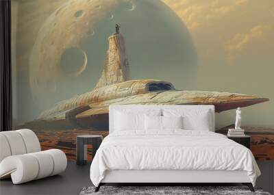 Futuristic and science fiction illustration of a spaceship landing on a distant planet. Wall mural