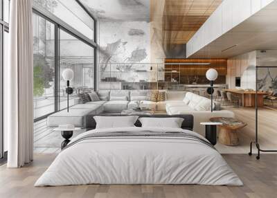 Half of the image is a blueprint of a modern house interior, the other half is a photo of the finished house. Wall mural