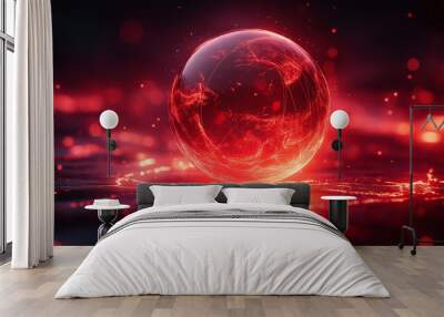 Image of a glowing globe or sphere with a red background wave. Wall mural