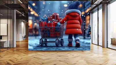 Image of a woman pushing a cart full of presents to celebrate Christmas. Wall mural