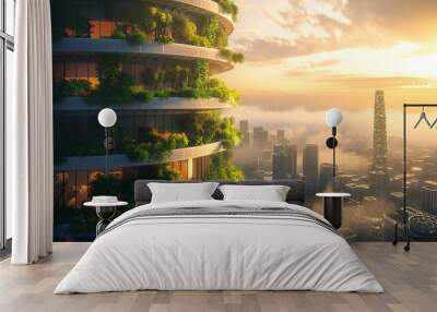 The image shows a futuristic city with a green skyscraper covered in plants. Wall mural