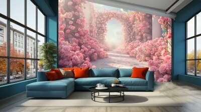 The pink rose path leads to a bright future. ,Flower arch Wall mural