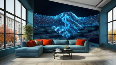 Two blue polygonal handshake with dollar sign over money background. Wall mural