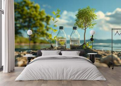 Two glass bottles with growing plants inside stand on rocky shore of lake against blurred background of green trees and blue sky with clouds Wall mural