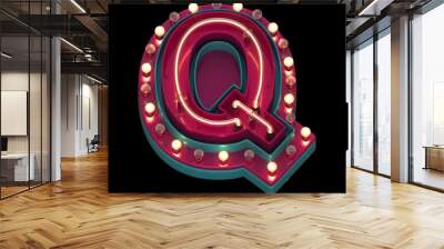 Lamp and neon font. Red and blue metal. Letter Q.  Wall mural