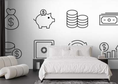 set of money thin line icon. money management, wallet, banking, ATM, piggy bank, investment profit, finance growth chart, money increase, finance icon collections. vector illustration Wall mural