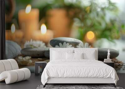 spa still life background with flowers towels and stones. candles on background with copy space Wall mural