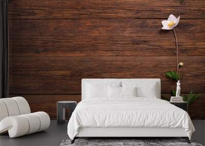 white flower on wooden table. Top view, copy space. Wall mural