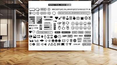 8-bit Game pixel graphics icons Set 3. Perfect pixel icons of game props, download bar, office icons, gestures and cursors. Retro Game loot and awards pixel art. Isolated vector Wall mural