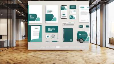 Brand Identity Mock-Up of stationery set with green and white abstract geometric design. Business office stationary mockup template of File folder, annual report, van car, brochure, corporate mug Wall mural