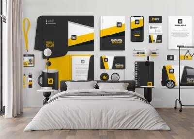 Brand Identity stationery Mock-Up set with black and yellow abstract dsgn. Concept of Branding stationery mockup template of vertical banner, flyer, promotional car, A4 brochure, etc. Editable vector Wall mural