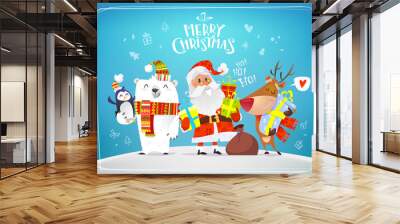 Cartoon Santa Claus with gift boxes, cute reindeer, polar bear on blue Christmas greeting card template. Funny Christmas characters design on holiday background with doodles elements Wall mural