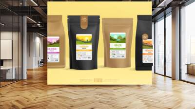 Coffee Soul label design on food zip package mock-up with branding identity design pouch set template. Stand-up foil pouch design with paper packaging. Coffee logo with world collection brand identity Wall mural