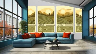 Coffee Star brand identity with logo and sticker or label design - vintage style vector template. Coffee or tea plantations and fields landscapes. rainforest and mountain valley with sunrise Wall mural