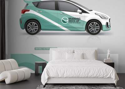 Company Car mockup and branding sticker wrap design. Corporate Car mockup. Branding vehicle graphics. Abstract graphics corporate identity background dsgn for company car. Editable vector template Wall mural