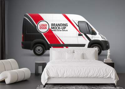 Corporate Van mockup with red stripes livery branding design. Abstract graphic of red and black stripes wrap, sticker and decal. Brandin decal vehicle. Delivery Van mock-up. Editable vector Wall mural