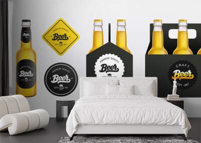 Craft Beer branding set of glass bottle mockup, black packaging box. Beer shop and Pub Branding  mockup set with vintage lettering beer logo. Vector template Wall mural