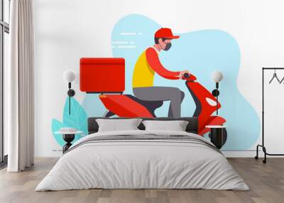 Delivery moto scooter, courier in respiratory mask. Online order and food or product express delivery home and office in quarantine COVID-19 in the city.  Vector illustration Wall mural