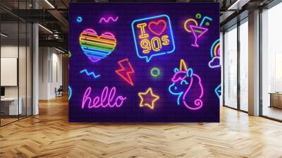 Fashion Neon Sign set 5 on brick wall background. Editable neon icons set of Ranbow Heart sign, Unicorn, Cherry, cocktail, etc. I Iove 90s Neon night sign, a glowing light banner club or bar party Wall mural