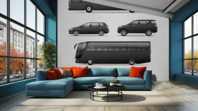 Mockup set of  black city bus, passenger van, car template for Corporate identity and Advertising design. Set of white passenger bus, Van, Freight Car, Coach Bus, Suv Car. City transport mockups Wall mural