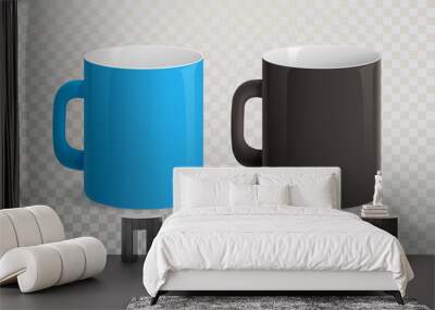 Mockup set of ceramic mugs on transparent background. Black  and blue mug template for branding identity and company. Vector mug for logo design presentation Wall mural