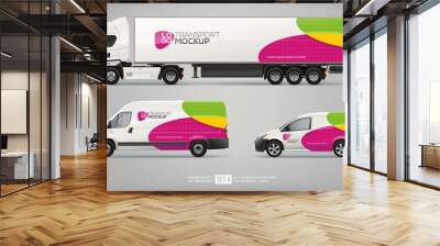 Mockup Set of Truck Trailer, Cargo Van, Delivery Car vector template. Abstract green graphic elements for transport Brand identity and Advertising. Set of delivery service Transport Wall mural