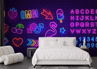 Perfect Neon Sign set 6 on brick wall background. Editable neon icons set of Ranbow glowing signs, Flamingo, Cherry, Arrow etc. Neon Font Type night sign, a glowing light banner for club or bar party Wall mural