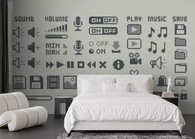 Perfect pixel icons of, media player buttons, computer icons, music notes, sound volume, scale, media. 8-bit Game icons and elements. Retro Game art. Isolated vector Wall mural