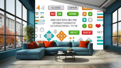 Perfect Pixel PC interface cursors, buttons and game menu, app ui interface. Retro video game elements. Dowloading bar and Levels start menu. 8-bit Pixel game buttoms and icons vector set Wall mural