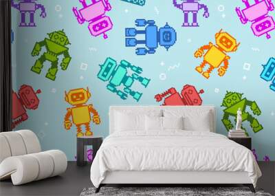 Pixel Art  Cartoon robots and aliens in 8-bit retro game style - vector seamless pattern. Cute cartoon robots toys endless background Wall mural