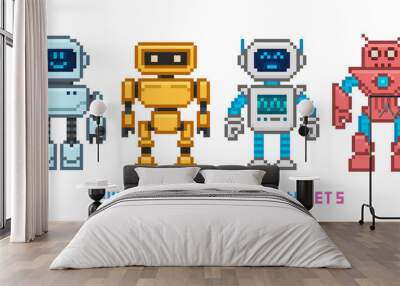 Pixel art cartoon robots and aliens in 8 bit style vector collection. Cute pixel girl and boy robot mascot and funny invader characters set. Retro game team superhero characters design Wall mural