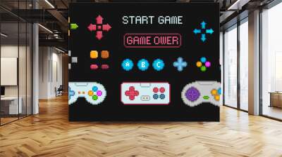 Pixel Art gamepad controls and buttons for 8-bit retro video game design  - vector collection. Console game  controllers and navigation  Wall mural