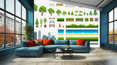 Pixel art urban landscape with park element and city objects for create scene for 8 bit game. Forest trees,  grass and skyscrapers vector set.  Sea coast landscape background creator Wall mural