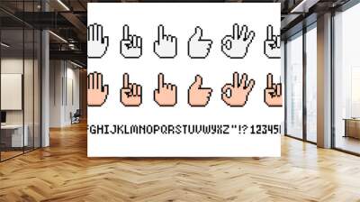 Pixel hand rebel gesture vector icons in 8-bit game style. Rock sign gesture. Middle Finger and Forefinger up. Like and Dislike hand symbol. Okay hand gesture. Vector Pixel graphics for retro game Wall mural