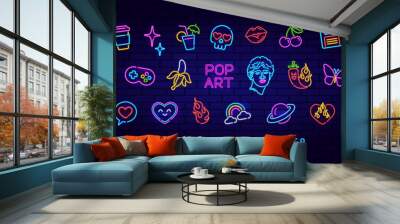 Pop art neon icons set 9. Retro Neon sign pop art 90s . Vector Neon light banner, emblem set of heart, gamepad, audio cassette, coffee pizza, cherry, cocktail.  Bar and night club glow neon icon sign Wall mural