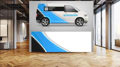 Realistic Van mockup and wrap decal for livery branding design and corporate identity company. Abstract graphic of blue stripes Wrap, sticker and decal design for services van  and racing car Wall mural