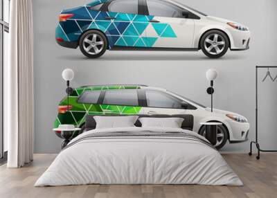 Realistic vector car sedan or station wagon mockup template with abstract corporate identity branding design. Passenger car with abstract geometric business background. Side view station wagon sedan Wall mural