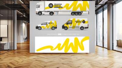 Realistic vector Van, Truck  mockup with branding and corporate identity decal. Abstract graphics of yellow stripe for flyer background. Editable template Wall mural