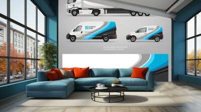 Realistic vector Van, truck trailer mockup set with blue wrap decal for livery branding design.  Abstract graphic of blue and black stripes wrap, sticker and decal design for transport Wall mural