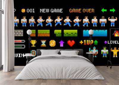 Retro Pixel Game trophy icons and vector elements for adventure arcade level design. Level up hero character animation game design. Retro video game sprites in 80s - 90s style. Perfect pixel graphics Wall mural