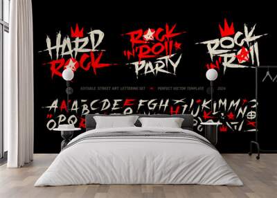 Rock'n'roll Party grunge font type alphabet with signs and symbols. Street Art graffiti style font type letterning. Hard Rock style elements collection for tee print and textile pattern design Wall mural