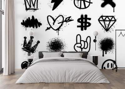 Rock collection of Graffiti spray symbols and grunge icons: heart, diamond, star, rock, crown - isolated vector on white background. Street Art and Rock Doodle icons and elemets in graffiti style (1) Wall mural