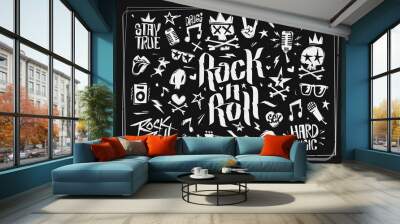 Rock n Roll grunge icons and elements collection. Doodle style Hard Rock icons and symbols isolated from black background. Rock n Roll music elements set for tee print stamp, party poster, card Wall mural