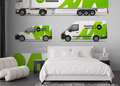 Side view Van, Car, Truck vector mockup set. Wrap design for branding and corporate identity vechicle. Abstract graphics of greens for business flyer background. Wrap design. Branding vehicle
 Wall mural