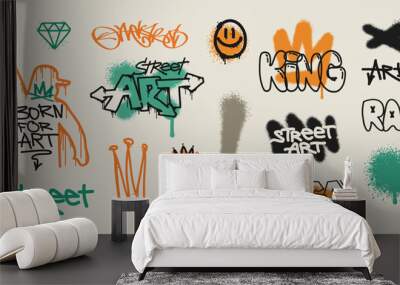 Street Art Graffiti text slogan prints dsgn with spray paint effect. Graffiti quote in hip-hop style urban typography words, street art elements for graphic tee, t-shirt, apparel - editable vector (2) Wall mural