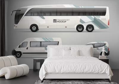 Transport Mockup of Coach Bus, Passenger Van and Commercial Car isolated on grey. Abstract graphics for Brand identity and Advertising. Set of Passenger transport. Branding mockup Wall mural