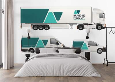 Truck Trailer, Cargo Van, Freight Car with abstract brand identity design - realistic mock-up set. Green geometric graphics design for company branding on delivery Transport. Editable Vector Mockup Wall mural