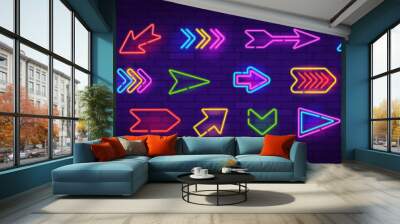 Vector Neon Arrow Sign set 7 on brick wall background. Retro neon icons set of arrow symbol, pointer icons, cursor. Colorful glowing light arrow banner, emblem for club or bar Wall mural